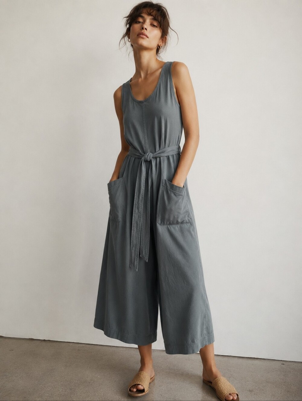 Everlane Gray Sleeveless Wide Leg Belted Jumpsuit Size Small